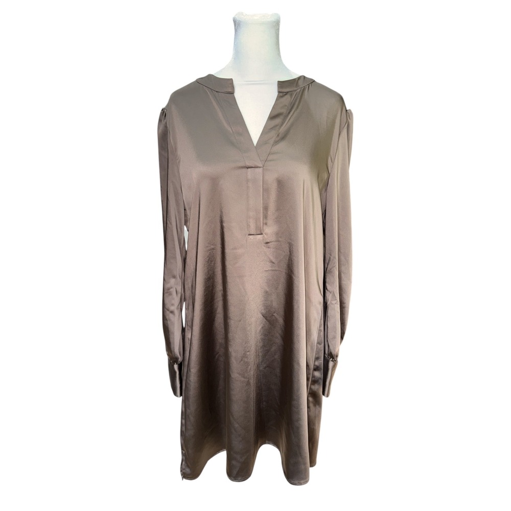 S'EDGE Satin Split V-Neck Long Sleeve Shift Dress Taupe Brown Small NWT